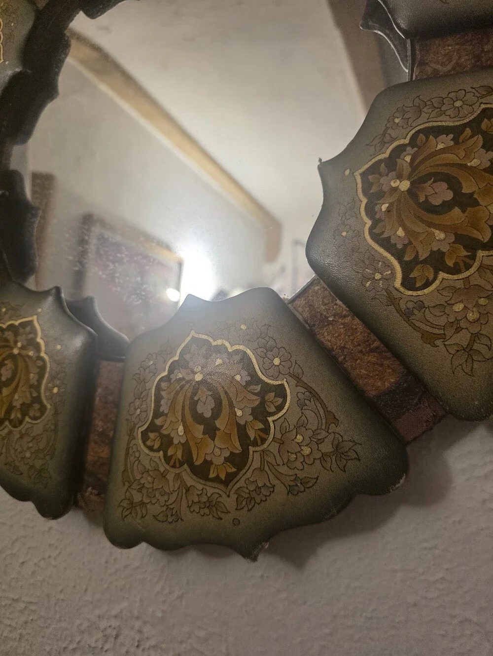 Vintage 1970s Hand Painted Leather Wall Mirror, Round Floral Folk Art Wood Frame